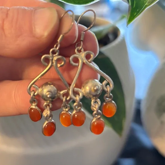 Sterling Silver Carnelian Chandelier Dangle Earrings Vintage Style - Picture 3 of 4